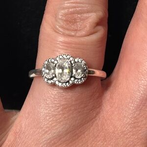Pandora Sterling Silver Triple Stone Ring CZ Halo Size 7.5 perfect gift